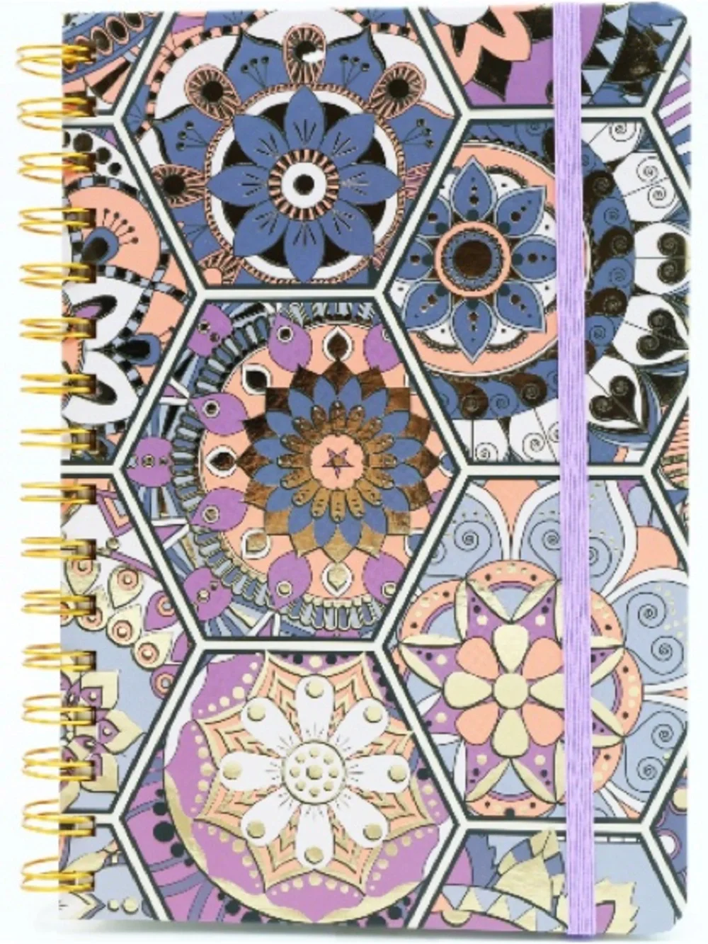Floral Hexagon Spiral Notebook with Purple Elastic